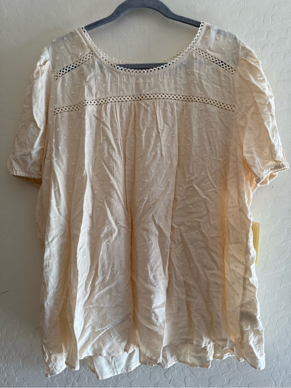 Flower & Feather, 3X, Swiss dot peasant blouse with crochet detail